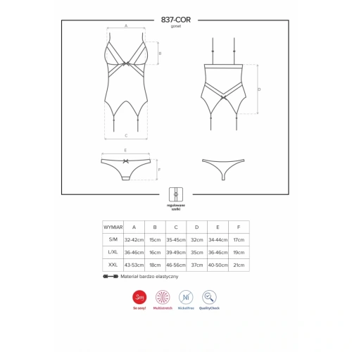 Obsessive 837-COR-1 corset - сексуальный комплект корсет с подвязками и трусики, L/XL (чёрный)